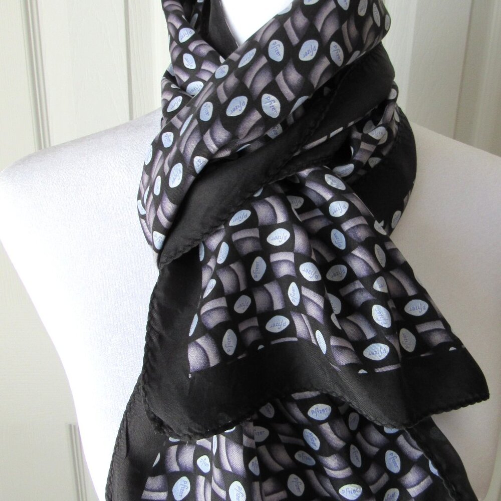 Vintage PFIZER Little Blue Pill Scarf Black Gray Blue Silky Unusual